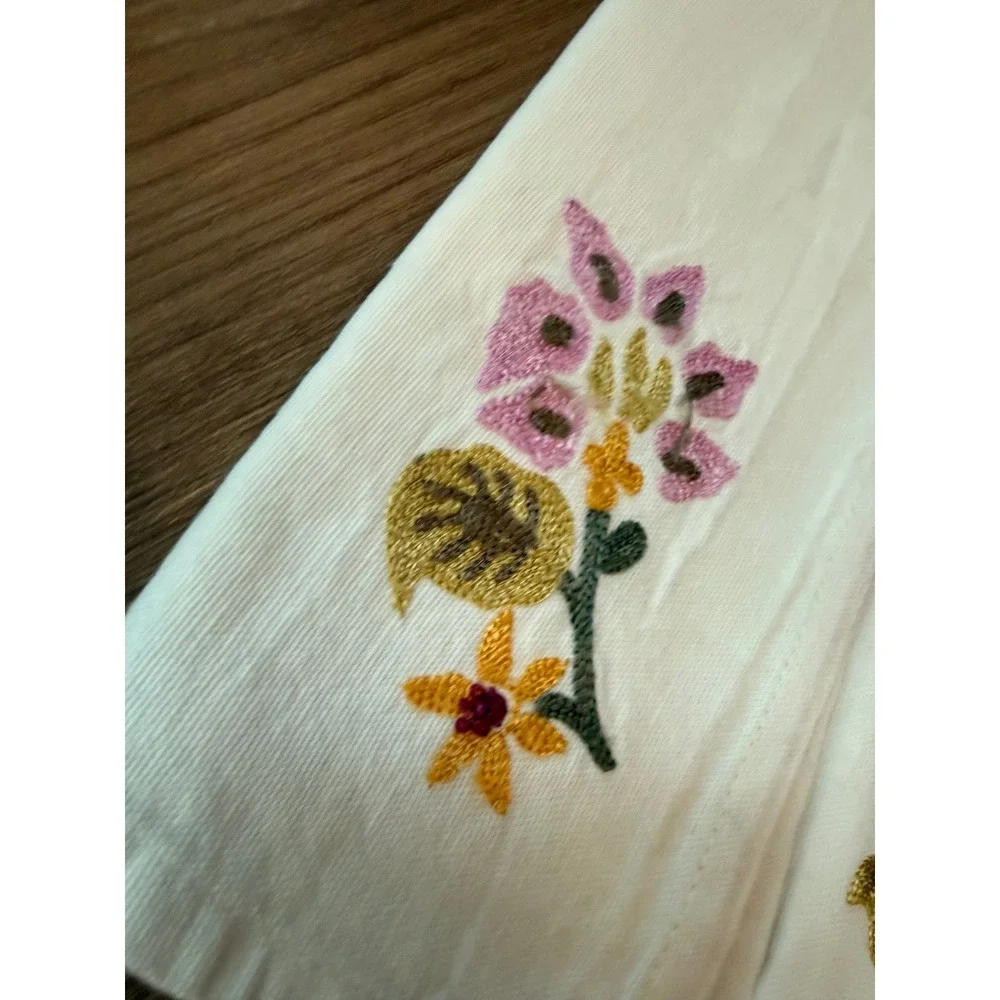 Set of 3 Floral Embroidered Cotton Napkins Cream Pink Gold 17x19 Made in India